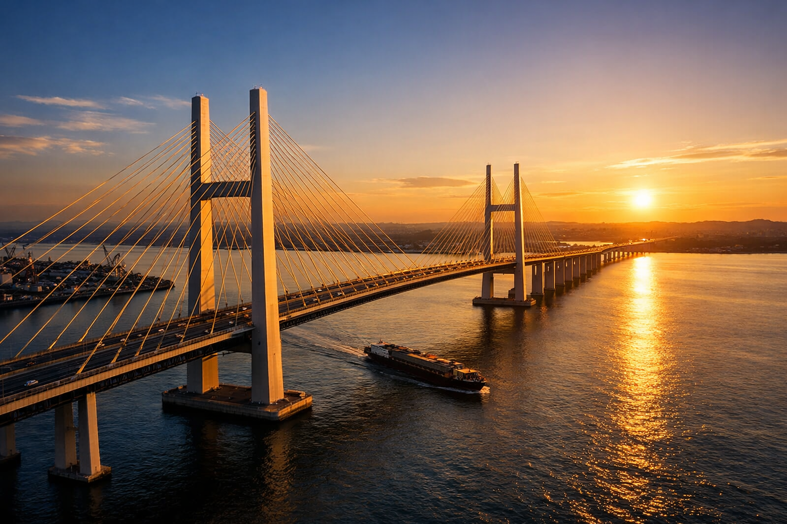 Ponte estaiada moderna ao entardecer, simbolizando infraestrutura logística internacional